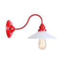 1 Bulb Curved Arm Wall Light Loft Style White Glass Wall Mount Fixture in Red Finish for Hallway