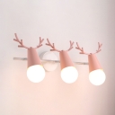 Metal Linear Wall Lighting with Antler Decoration Macaron Colorful Foyer Corridor Triple Head Sconce Light