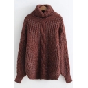 High Neck Long Sleeve Cable Loose Chunky Knit Warm Sweater