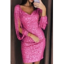 Women's Sexy Cut-Out Long Sleeve V-Neck Mini Bodycon Sequined Dress for Party