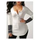 Fashion Scoop Neck Button Front Patched Long Sleeve Slim Fitted White T-Shirt