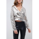 Ladies Sexy Long Sleeve Surplice V-Neck Silver Cropped Sequined T-Shirt
