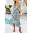 Women's Holiday Beach Striped Printed Bow-Tied Waist Midi Chiffon Asymmetrical Slip Dress