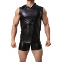 Men's Sexy Faux-Leather Simple Plain Sleeveless Hooded Black Fitted Muscle Tank Top
