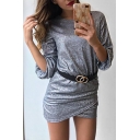 Trendy Round Neck Long Sleeve Mini Sheath Silver Dress for Women