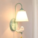 Light Green Curved Arm Wall Lamp with Bird Rustic Style Fabric Single Head Wall Sconce