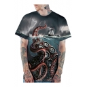 Cool 3D Octopus Sailing Boat Print Green Short Sleeve Round Neck T-Shirt