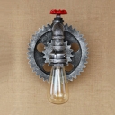 Retro Style Water Pipe Wall Sconce with Gear Decoration Metallic 1 Head Wall Light in Antique Silver