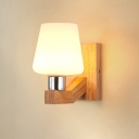 Minimalist Tapered Sconce Light Glass Shade 1 Head Wall Mount Fixture in Chrome with Wooden Base