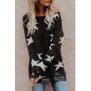 Fashion Star Pattern Ripped Detail Off The Shoulder Long Sleeve Black Loose Sweater