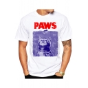 Men's Summer Funny Cartoon Cat Letter PAWS Print Round Neck White T-Shirt
