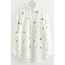 Chic Embroidered Polka Dot Printed Lapel Collar Long Sleeve Linen Button Shirt