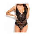 Women's Sexy Sheer Mesh Lace Panelled V-Neck Slim Fit Bodysuit