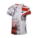 3D Fashion Retro Bus Pattern V-Neck Short Sleeve White Fitted T-Shirt