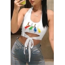 Cartoon Character Pavement Print Halter Neck Tied Front White Crop Tank Top