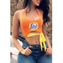 Orange Sleeveless Halter Letter IDEA Printed Tie Front Cropped T-Shirt