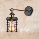 1 Bulb Cylinder Wall Sconce with Wire Guard Industrial Metal Wall Mount Fixture in Antique Brass