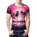 Nice 3D Sunset Glow Coconut Palm Print Fashion Fitted Purple T-Shirt
