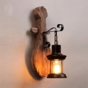 Loft Style Lantern Wall Lamp with Wooden Base 1 Head Suspender Wall Light in Black for Bedroom