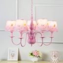 Pink Shaded Suspended Light with Butterfly Pattern Lodge Style Metallic 5 Lights Chandelier for Girls Room