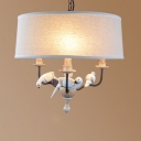 Drum Shade Chandelier Light with Resin Bird Decoration Retro Style 3 Lights Hanging Lamp in White