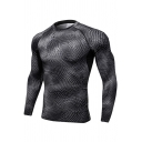 Men's Cool Snake Scale Printed Long Sleeve Quick-Drying Bodybuilding Athletic Tight Black T-Shirt