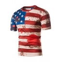 Stylish USA Flag Graffiti Pattern Summer Short Sleeve Fitted Red T-Shirt for Guys