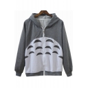 Cozy Long Sleeve Zip Front Cartoon Totoro Printed Unisex Gray Hoodie