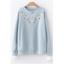 Chic Floral Embroidered Round Neck Long Sleeve Loose Fit Pullover Sweatshirt