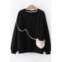 Cute Cartoon Fox Patched Round Neck Long Sleeve Loose Fit Pullover Sweatshirt