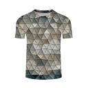 Stylish 3D Geometric Pattern Crewneck Short Sleeve Loose Fit Grey T-Shirt