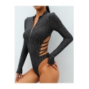 Sexy Stand Collar Long Sleeve Zip Front Hollow Out Back Plain Bodysuit