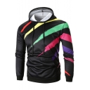 Men's Colorful Striped Print Long Sleeve Slim Fitted Light Drawstring Hoodie