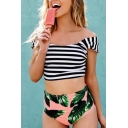 Off The Shoulder Striped Printed T-Shirt Top High Waist Leaves Pattern Bottom Swimwear