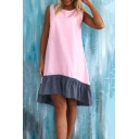 Girls Summer Fashion Ruffled Hem Round Neck Sleeveless Mini Swing Tank Dress