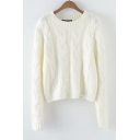 Cable Long Sleeve Round Neck Plain Loose Sweater