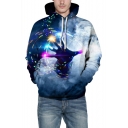 Stylish 3D Colorful Hand Printed Long Sleeve Loose Casual Blue Unisex Drawstring Hoodie