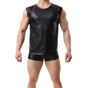 Men's Sexy Plain Black Faux Leather Sleeveless Fitted Muscle Tank Top