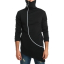 Men's Unique Sloping Zip Up Stand Collar Long Sleeve Plain Asymmetrical Hem Longline Slim Fit Sweatshirt