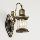 Retro Style Lantern Wall Sconce Glass Shade 1 Bulb Wall Mount Fixture in Antique Brass for Hallway