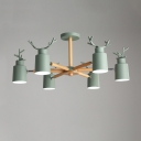 Horn 6 Lights Chandelier with Antler Green Wooden Decorative Hanging Lamp for Children Room