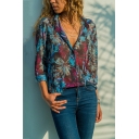 Women's Stylish Tropical Floral Printed Lapel Collar Long Sleeve Blue Chiffon Shirt