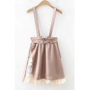 Girls Stylish Belted Waist Chic Ruffled Hem Mini A-Line Khaki Overall Skirt
