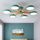 Macaron Branching Chandelier Light Bedroom Sitting Room Wooden 3/6 Lights Lighting Fixture in Green