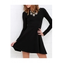 Basic Plain Round Neck Long Sleeve Zip Back Mini A-Line Little Black Dress