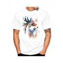 White Animal Fox Printed Short Sleeve Cotton T-Shirt for Men