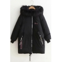 Winter's Trendy Crane Embroidered Long Sleeve Ribbon Zip Pocket Fur-Trimmed Hooded Zip Up Long Cotton Padded Coat