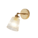 Brass Finish Armed Wall Sconce with Cup Shade Vintage Ribbed Glass Mini Wall Lamp for Restaurant
