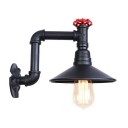 Water Pipe Style Wall Sconce with Shallow Round Shade Industrial Metal 1 Bulb Wall Light in Black