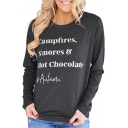 Novelty Long Sleeve Round Neck Letter CAMPFIRES SMORES HOT CHOCOLATE Printed Tee